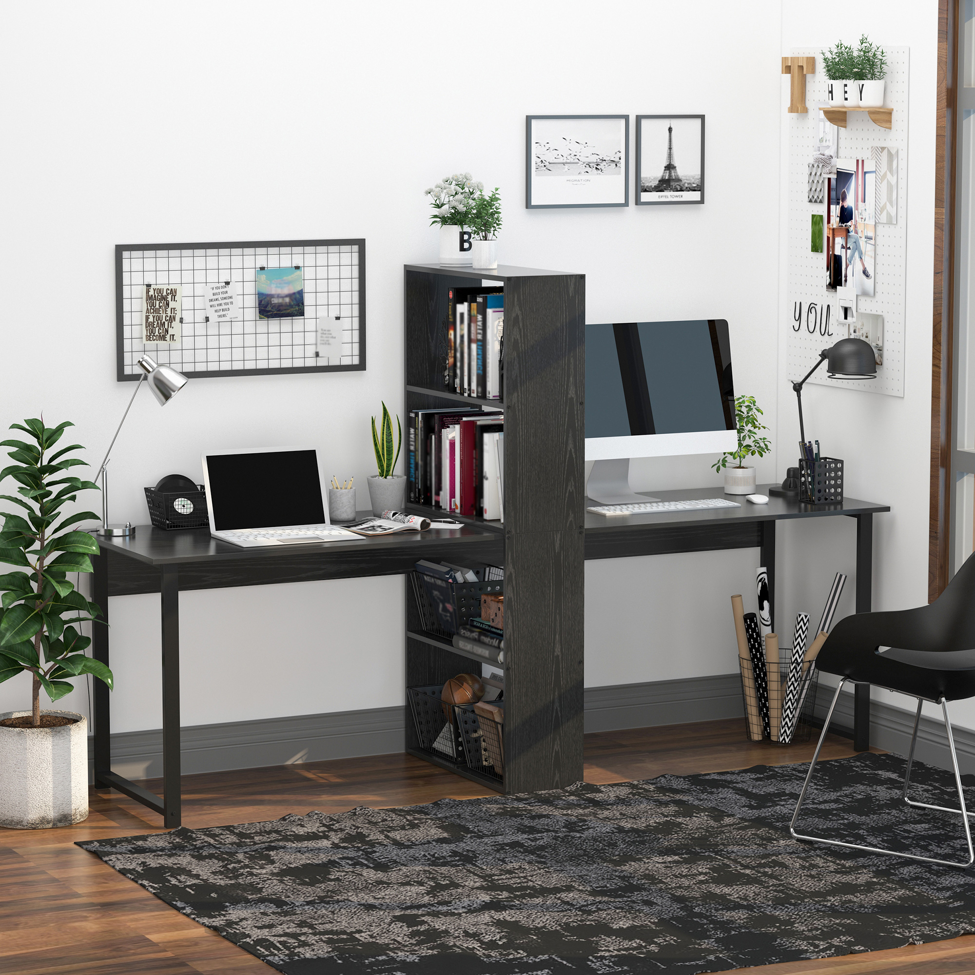 Extra Long 2-Person Desk With Bookshelf Black Home Office Workstation Combo - accessoire professionnel