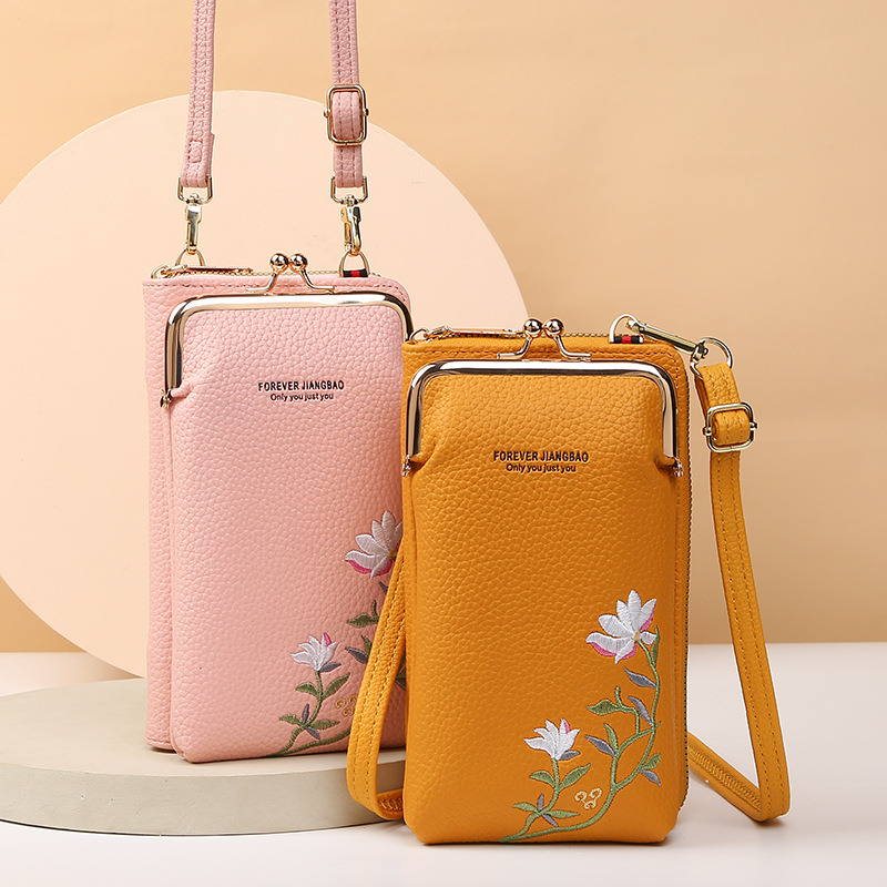 Sac téléphone broderie florale avec fermoir — portefeuille long bandoulière